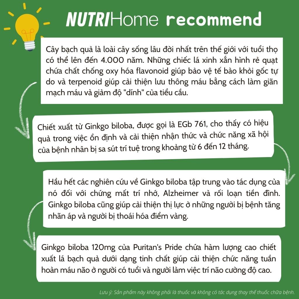 Viên uống hoạt huyết dưỡng não Ginkgo Biloba 120mg Puritan’s Pride hỗ trợ rối loạn tiền đình (Nutri Home) (100 viên)