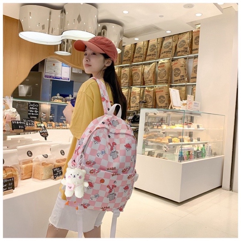 Balo Quảng Châu Hoạ Tiết Phối Caro Chất Vải Chống Thấm 2810 Shop Cặp Nữ Đi Học Thời Trang (Tặng Gấu Bông Tim Hồng)