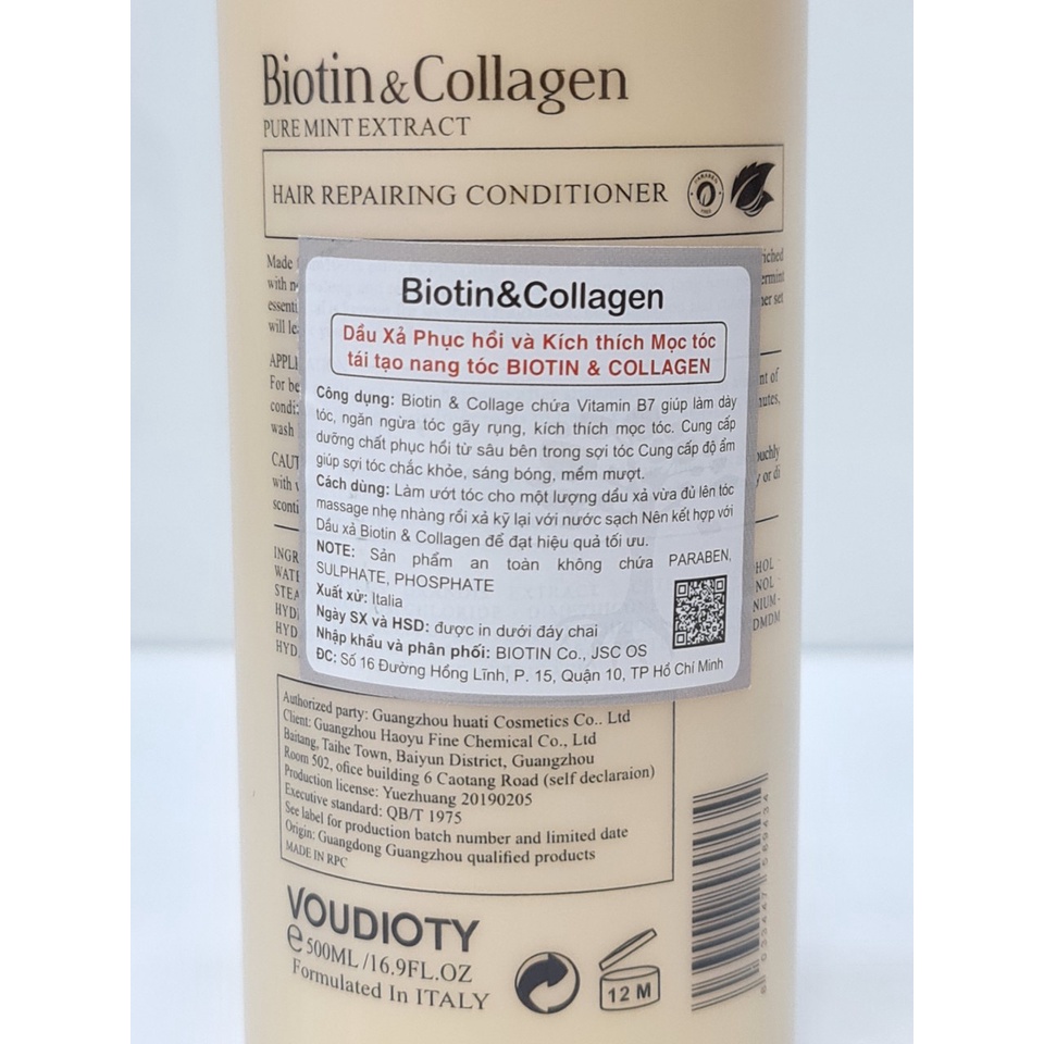 Combo Dầu Gội Và Dầu Xả Cho Tóc Khô Biotin Collagen Phục Hồi Kích Thích Mọc Tóc 500ml x2 Màu Vàng