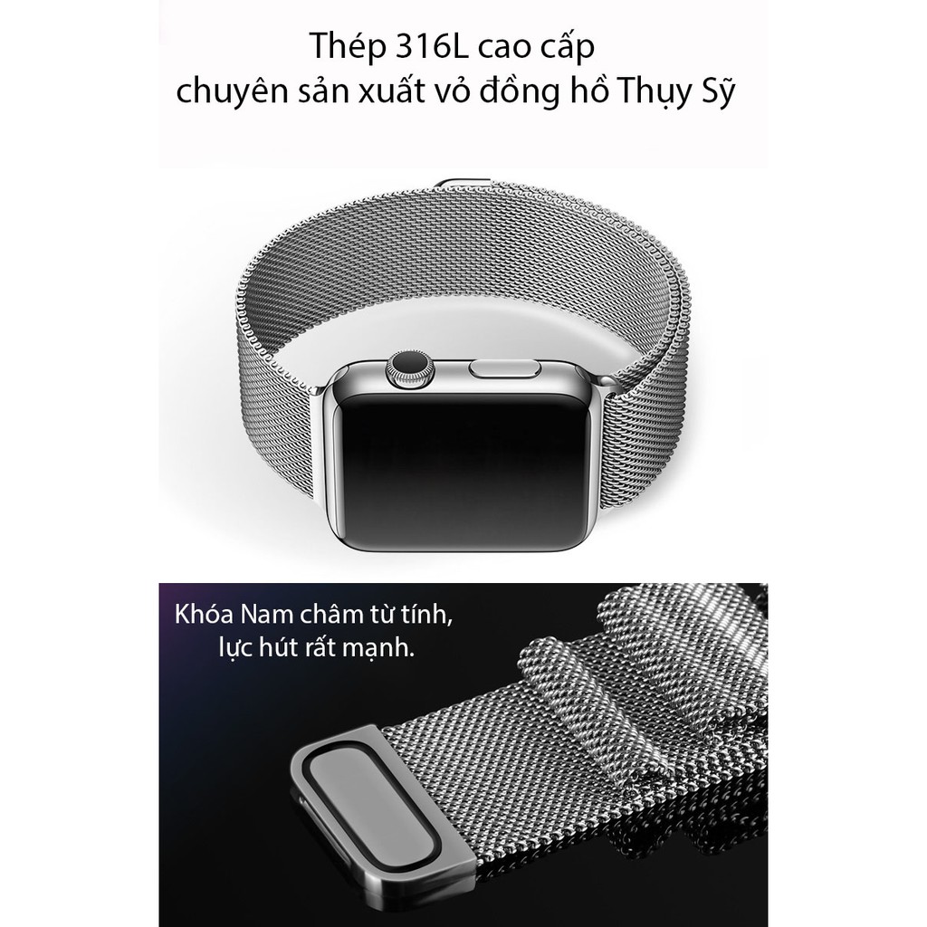 Dây Milanese Loop cho Apple Watch, khóa nam châm Magnet, làm từ Thép Không gỉ 316L series 1-2-3-4-5-6