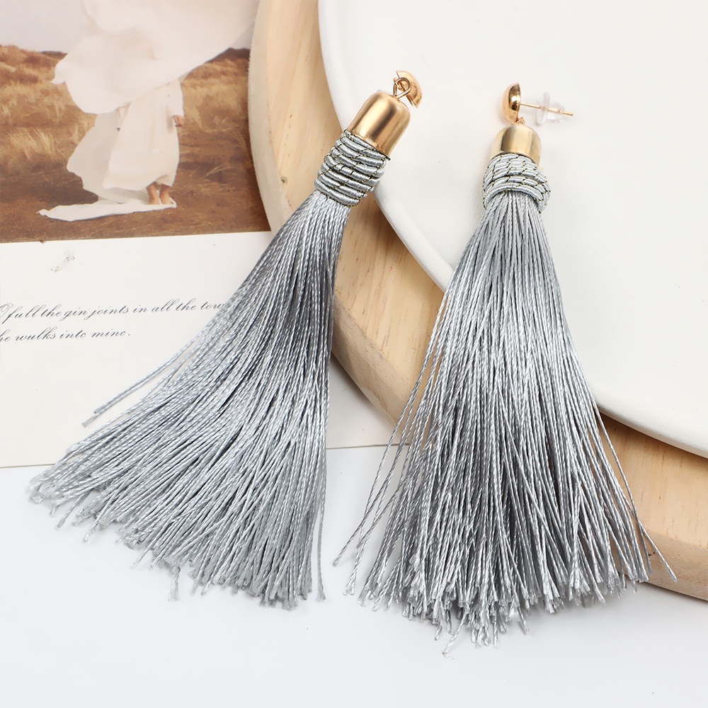 Khuyên tai dài tua rua phối vải lụa nhiều màu sắc phong cách bohemian thời trang cổ điển cho nữ