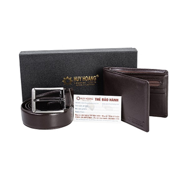 Bộ ví & Thắt lưng nam Huy Hoàng da bò màu nâu HW2103-HW4130