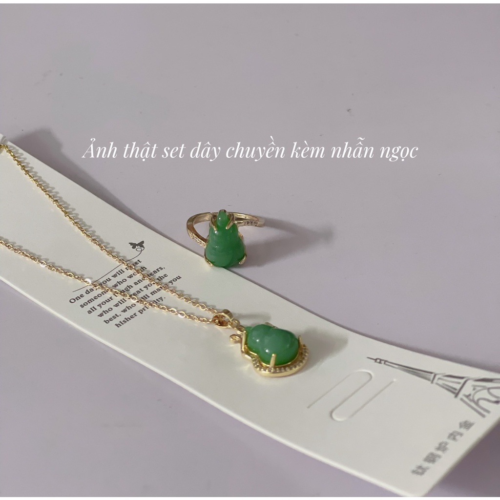 Bộ trang sức sét dây chuyền và nhẫn đá phong thủy hồ lô xanh