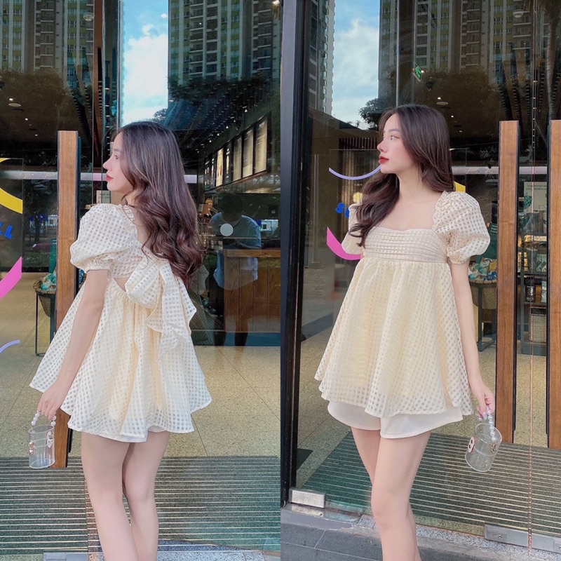 Set áo babydoll bbd kẻ ô tay bồng nơ lưng với quần ngắn