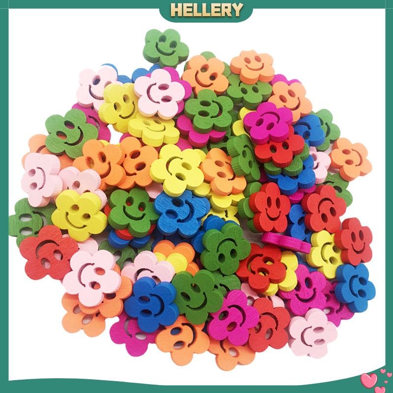 Set 100 Nút Gỗ 2 Lỗ 20mm Hình Bông Hoa / Mặt Cười Dễ Thương Dùng Trang Trí DIY