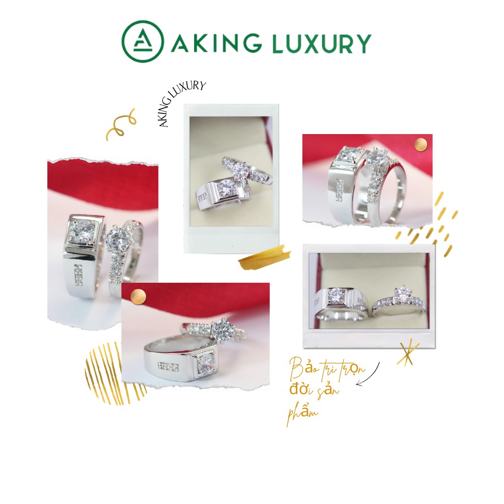 Nhẫn cặp AKING LUXURY AK24 cao cấp, Nhẫn bạc nam đính đá sang trọng, nhẫn bạc nữ đính đá phong cách quyến rũ, sang trọng