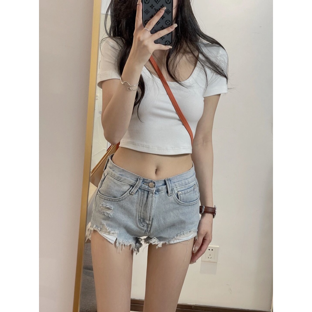 Quần short bò rách viền thô quần siêu ngắn ôm mông thon gọn cạp cao retro kiểu Mỹ mẫu mỏng mùa hè cho nữ