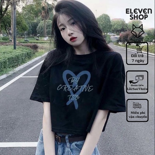 Áo thun nữ Croptop in hình trái tim cách điệu form rộng vải cotton dày dặn co giãn 4 chiều