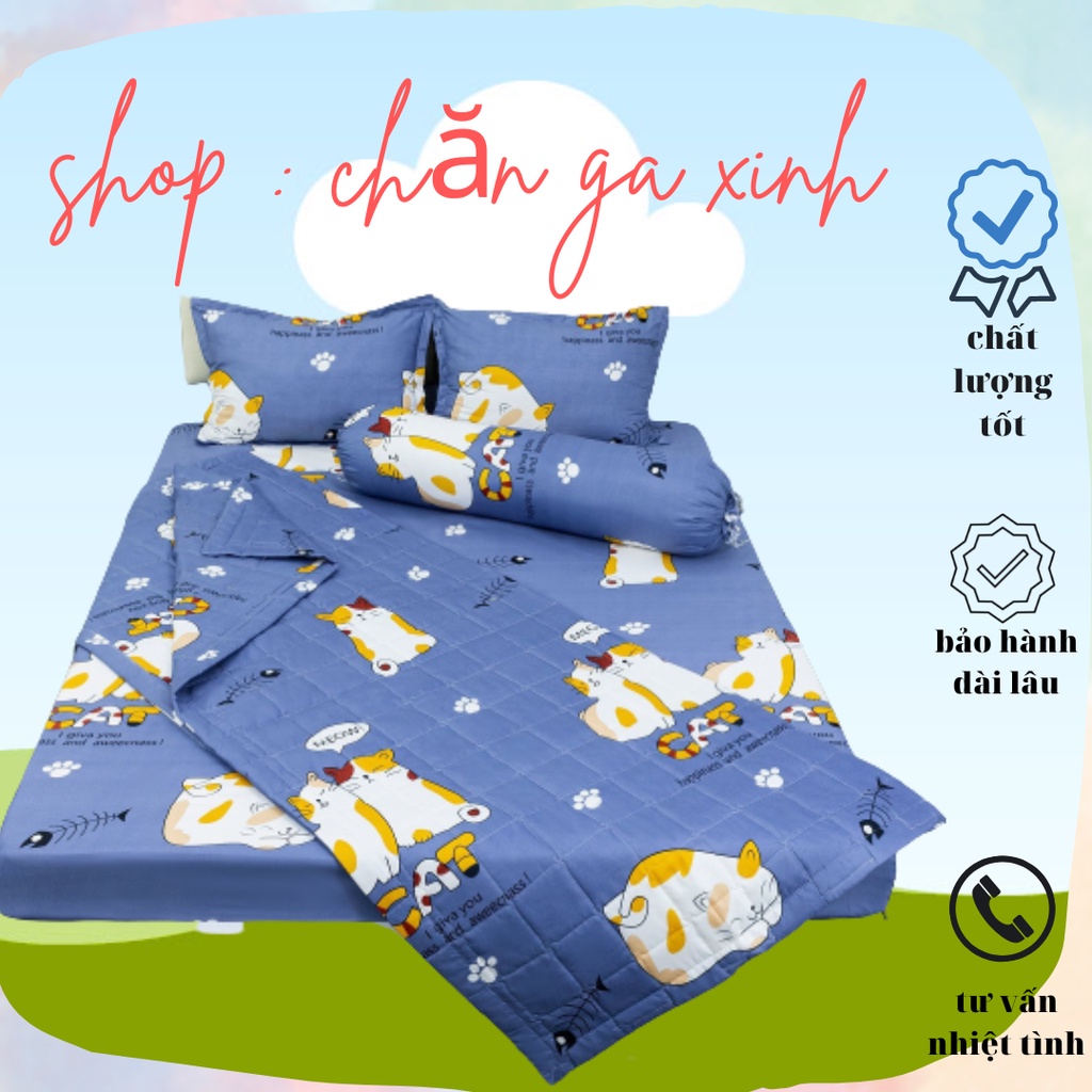 Bộ ga gối chăn 5 món, chăn hè Trần bông 3 lớp gồm 1ga bo chun ,1 vỏ gối ôm ,1 chăn ,2 vỏ gối đầu