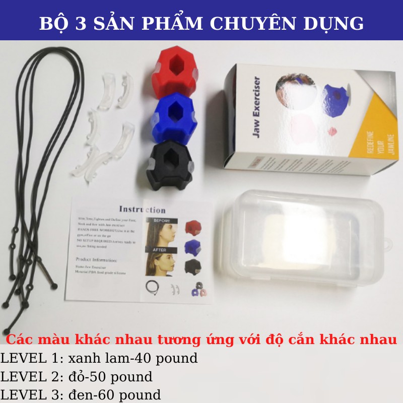 [Bộ 3 sản phẩm chuyên dụng] JAWLINE Dụng cụ tập cơ mặt bằng Organic Silicon - Tạo hình Vline - Giảm mỡ - Xóa nọng cằm