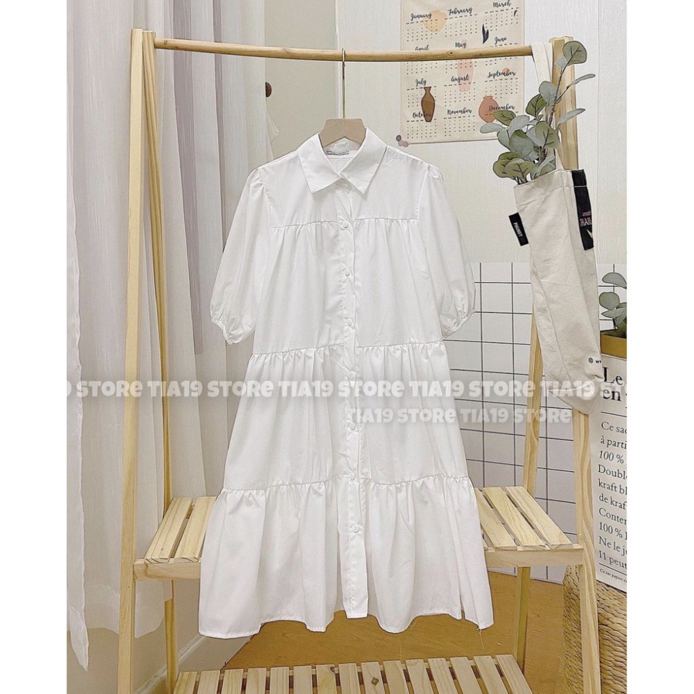 Đầm Sơ Mi Trắng Nữ Cộc Tay Cúc Cài 3 Tầng 🦋 Váy Babydoll Nữ Tay Lỡ Dáng Lửng Bo Chun Xòe 🦋
