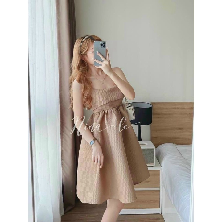 Đầm Midi 2 Dây Dáng Ngắn Phối Nơ Lưng tuyệt Đẹp Chất Xốp Thái Vuông Mặc Nhẹ Mát Thanh Lịch [NEW UNISEX]