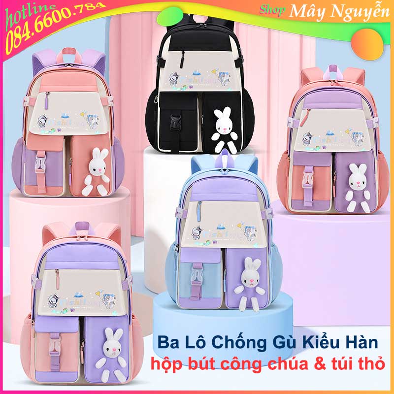 Balo Chống Gù Bản Hàn Có Hộp Bút Công Chúa May Sẵn Túi Thỏ Dễ Thương Chống Nước Phản Quang 2 Size Cho Học Sinh Lớp 1-3-9