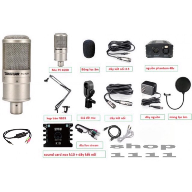 combo livestream sound card k10 +mic takstar pc k200-+nguồn 48v+chân kẹp mic+lọc âm