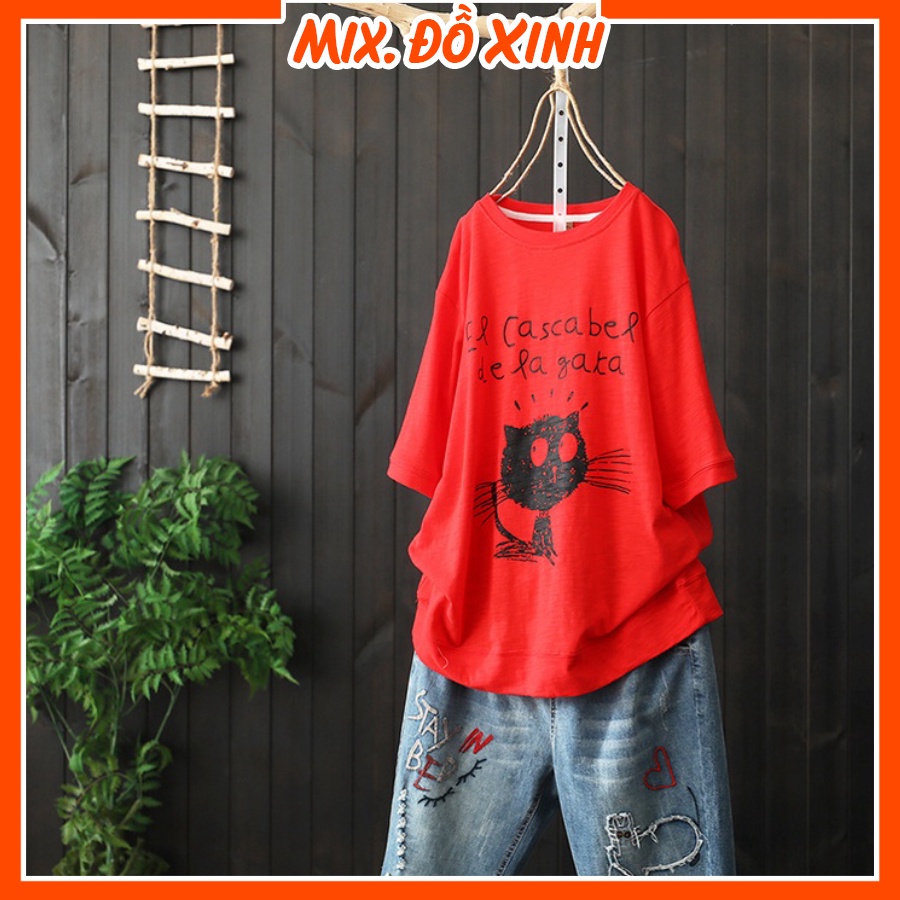 Áo phông unisex Thu Hà áo thun form rộng tay lỡ, chất thun cotton co giãn in hình Mèo Chữ De La Ga Ta