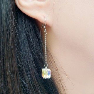 Bông tai handmade làm từ bạc thật và pha lê swarovski vuông lấp lánh kiểu dáng dài - Shop pucca
