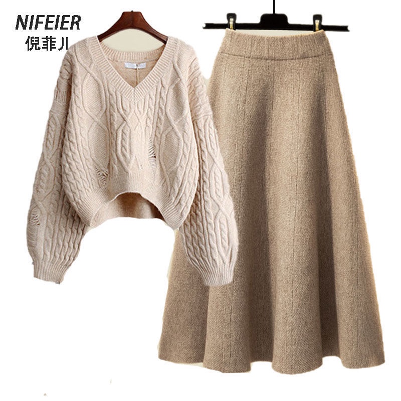 Plus Bộ Áo Sweater Dệt Kim Dáng Ôm Phối Chân Váy Cỡ Lớn Thời Trang Thu Đông 2023 Cho Nữ