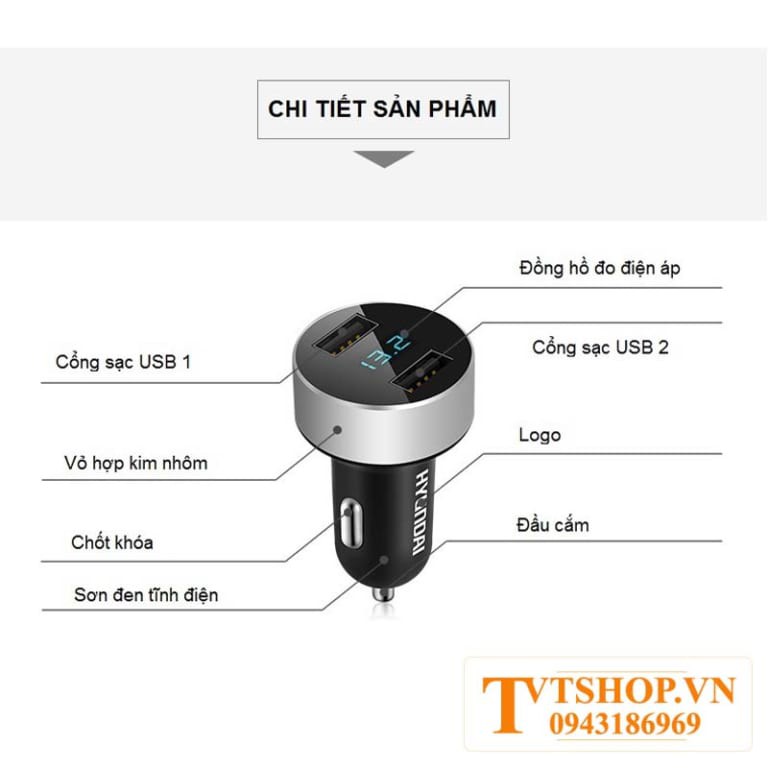 sạc pin điện thoại trên xe ô tô, củ sạc 2 cổng, cổng sạc 12v trên ô tô TVT-270