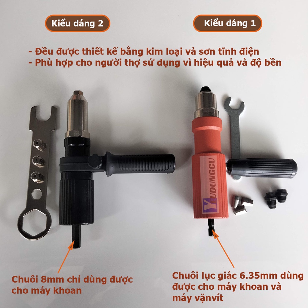 Súng, Đầu rút đinh tán, đinh rút rive gắn máy khoan có tay cầm thao tác nhanh, chống mỏi tay