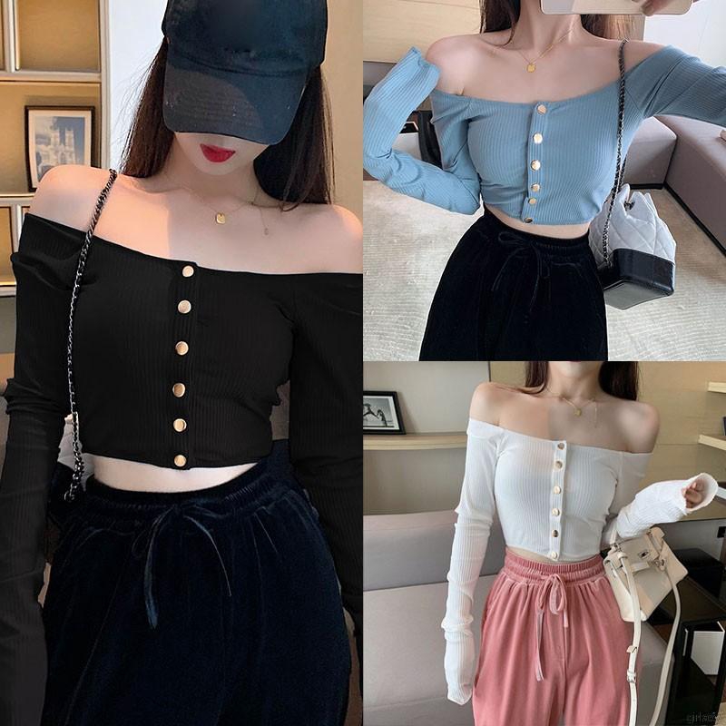 Áo croptop tay dài hở vai màu trơn trang trí nút thời trang cho nữ