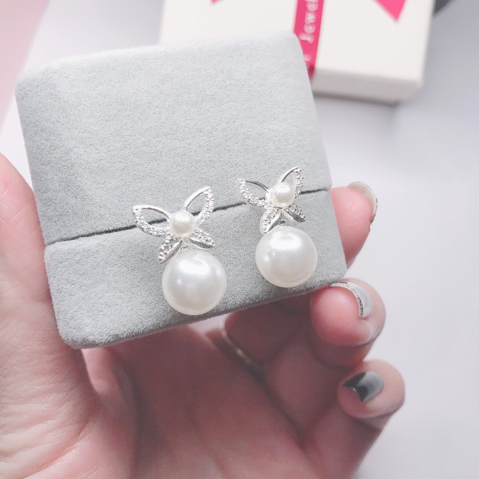 Bông tai bạc Evasilver hình cánh hoa đính ngọc trai, Khuyên tai chất liệu bạc thật cao cấp sang trọng