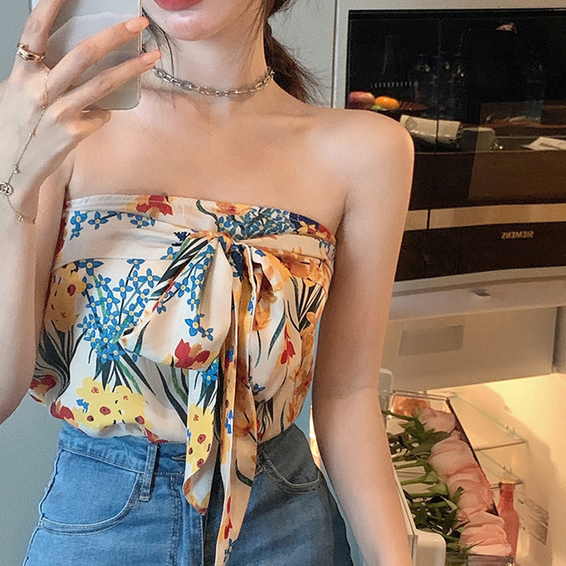 IELGY  Áo Ống Hai Dây Ngắn In Hoa Mùa Hè Nóng Bỏng Cho Nữ