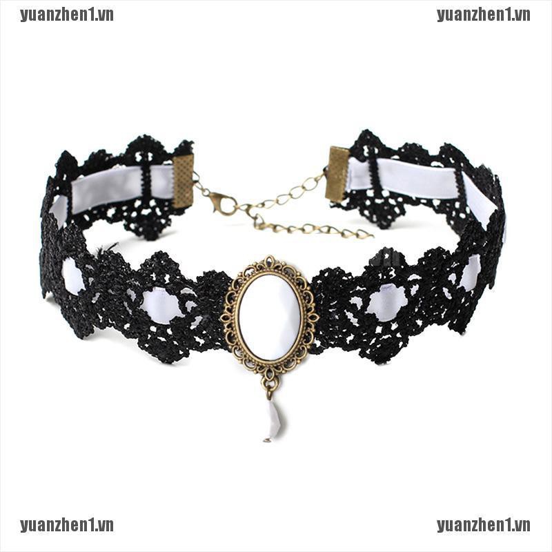 [YUANZHEN1] Vòng Cổ Choker Ren Đen Đính Pha Lê Phong Cách Gothic Cổ Điển