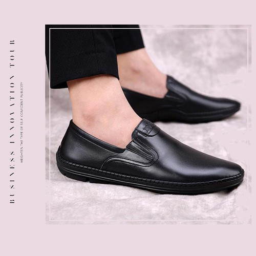 Giày mọi lười Slip on nam da bò nguyên tấm đế cao su siêu nhẹ êm chân phom việt thon gọn đế khâu bền bỉ
