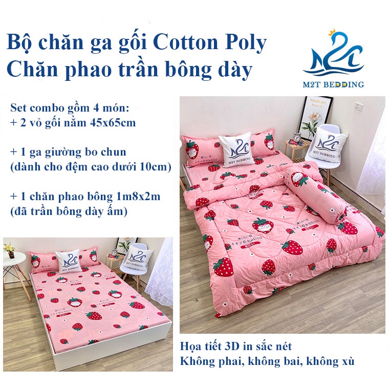 Bộ chăn ga gối Cotton poly M2T Bedding, chăn phao siêu nhẹ dày ấm họa tiết drap mền đáng yêu