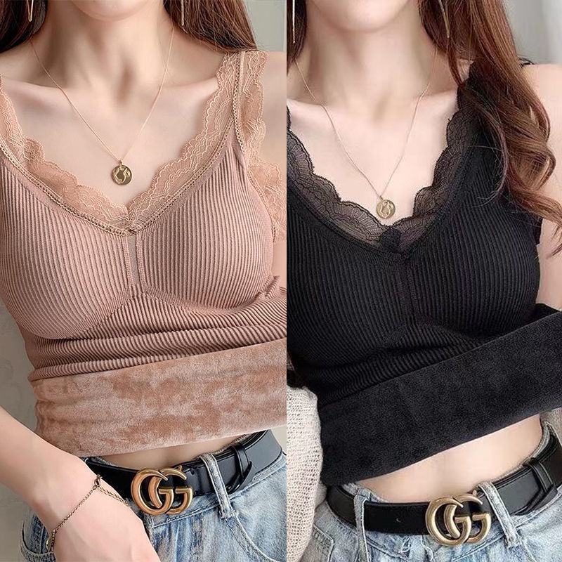 June Áo Hai Dây Giữ Nhiệt Dày Dặn Phối Ren Có Đệm Ngực Bằng Nhựa Dành Cho Bạn Nữ