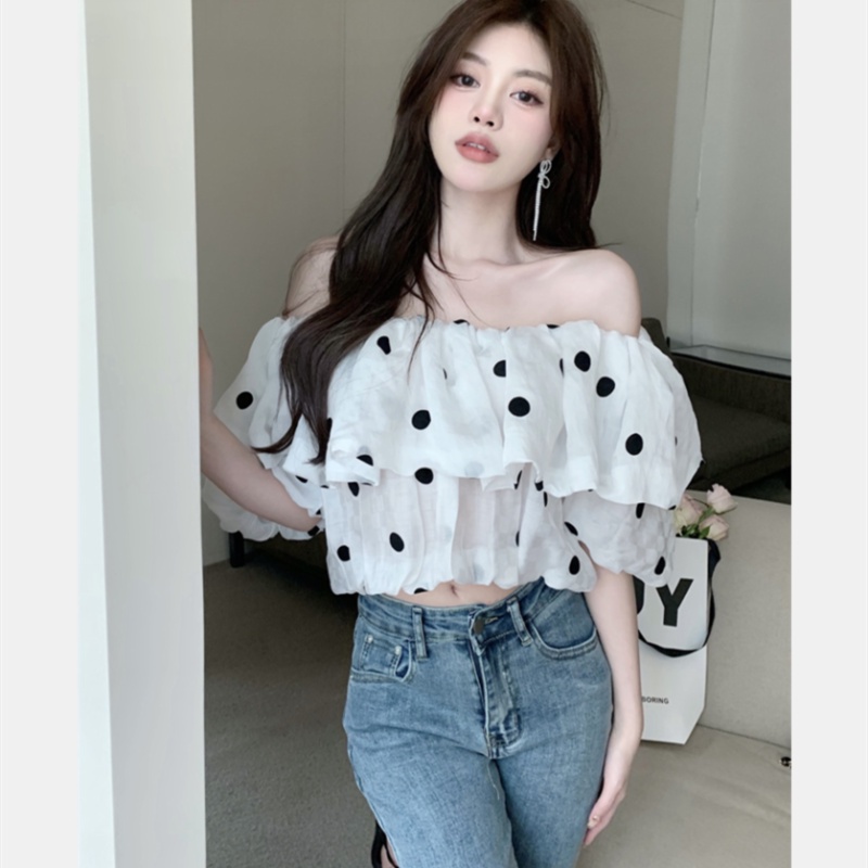 Áo Sơ Mi Tay Ngắn Hở Vai Dáng Rộng Họa Tiết Chấm Bi Thời Trang Mùa Hè Quyến Rũ Cho Nữ