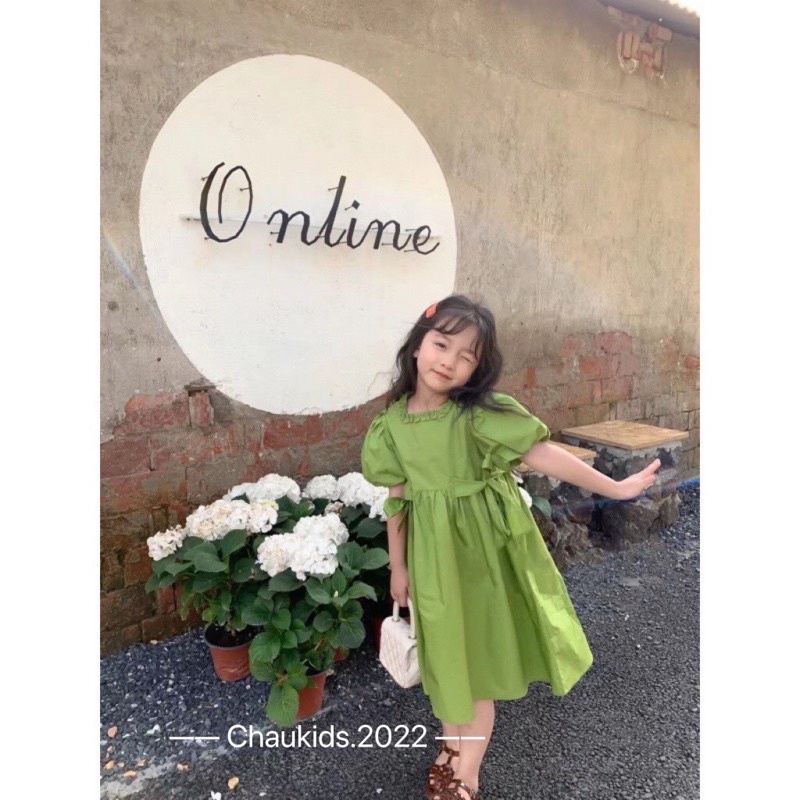 Váy xanh lá nơ buộc eo cổ bèo cho bé gái V0040