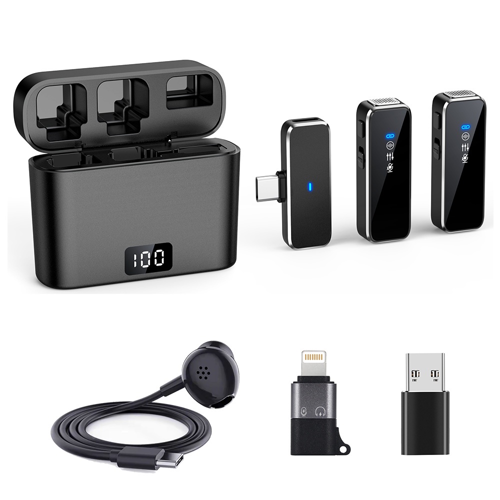 Micro Không Dây Lavalier Kèm Hộp Sạc Có Màn Hình LCD Chống Ồn Mini Cho iPhone Android