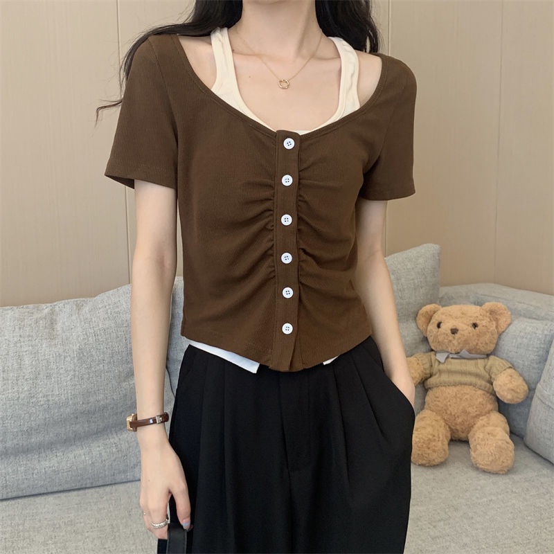 Áo Thun Ngắn Tay Giả Hai Lớp Màu Sắc Tương Phản Phong Cách Hàn Quốc Dành Cho Nữ