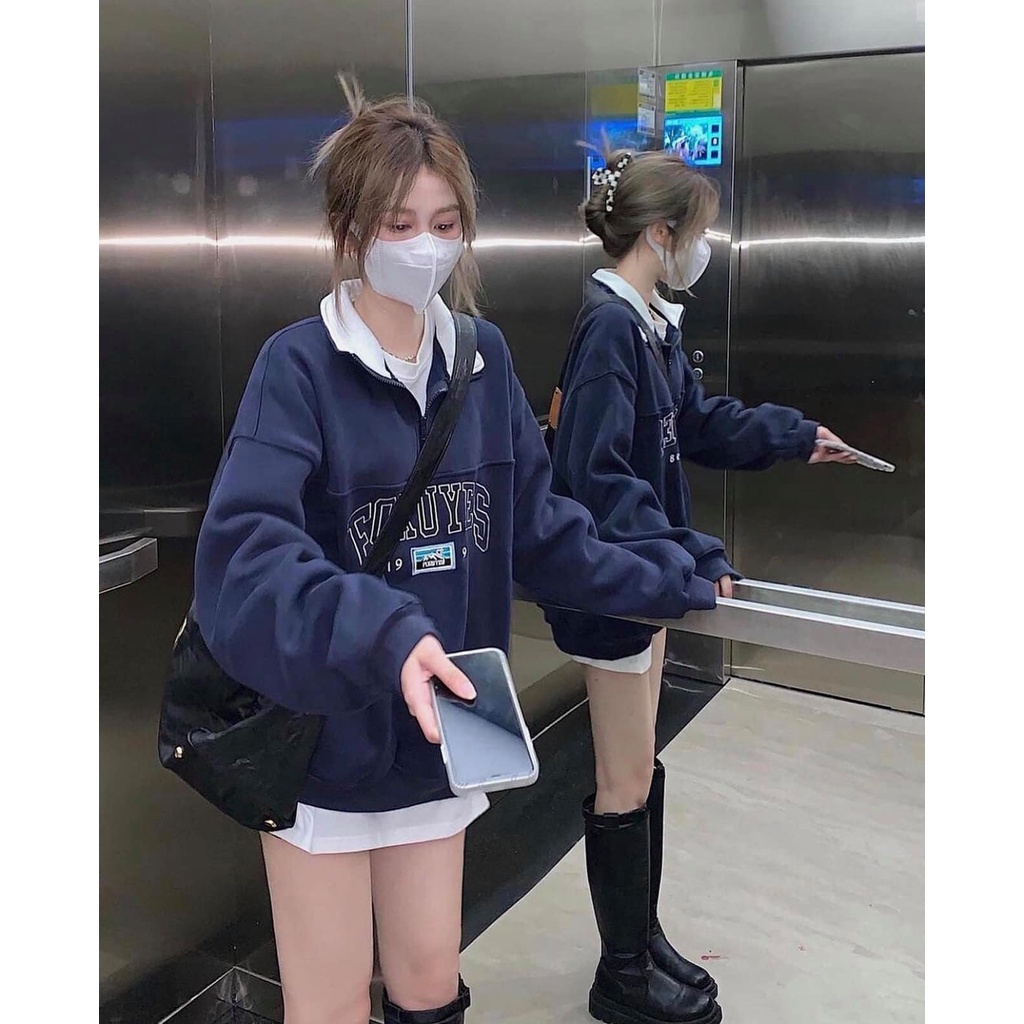 [Có Video + Ảnh Thật] Áo Nỉ Nữ Polo Thêu Foruyes Màu Xanh Than Nỉ Bông Nhẹ Ấm Áp - Chuu House - CH0011
