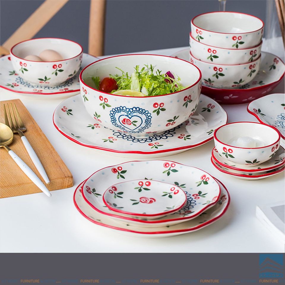 Bộ bát đĩa gốm sứ cao cấp lẻ cherry phong cách Bắc Âu
