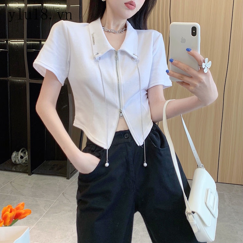 Áo Thun POLO Dáng Ngắn Ôm Dáng Phối Dây Xích Đôi Khóa Kéo Phong Cách Mới Mùa Hè 2022 Cho Nữ