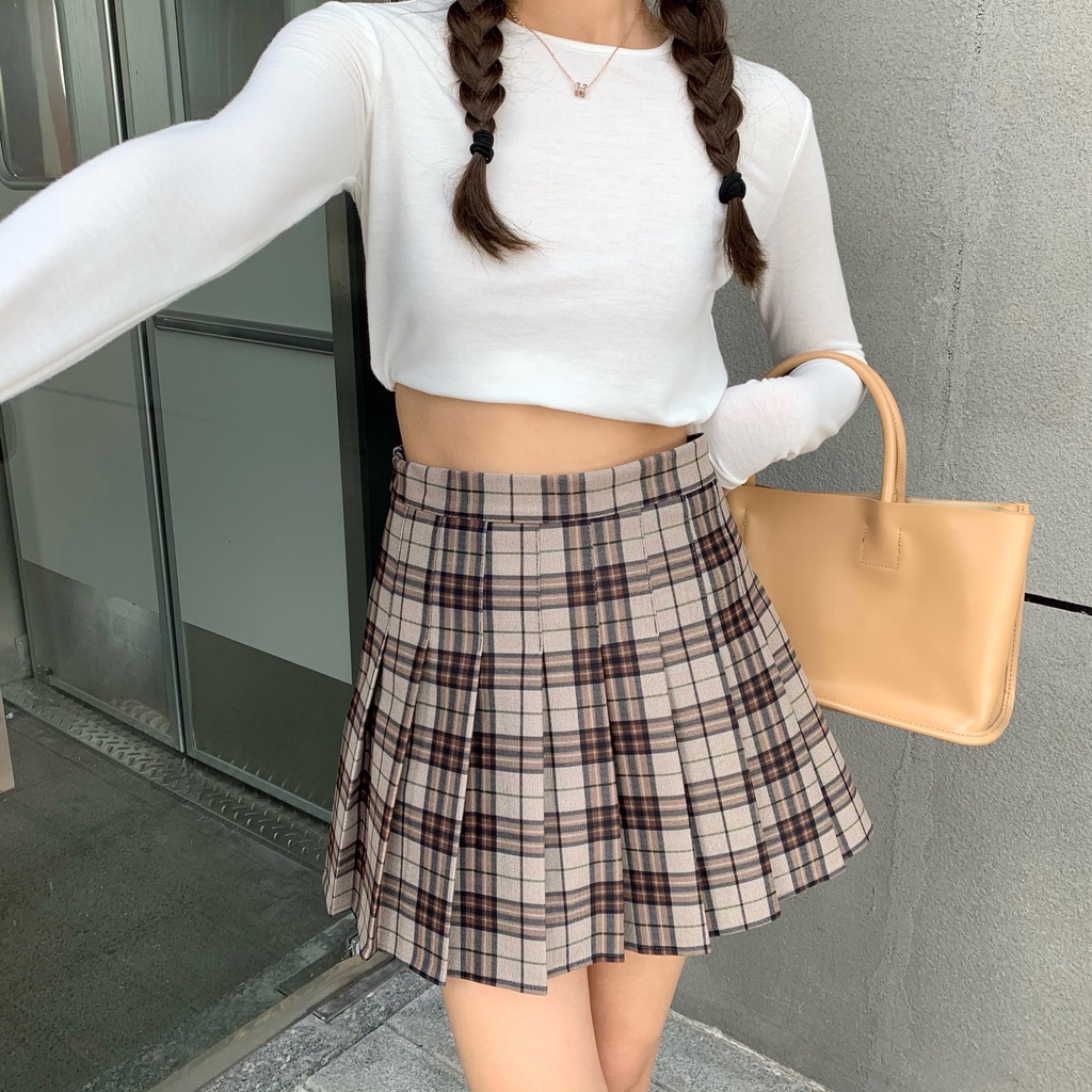 SUXI Chân Váy Chữ A Lưng Cao Họa Tiết Sọc Caro Phong Cách Hàn Quốc Cho Nữ