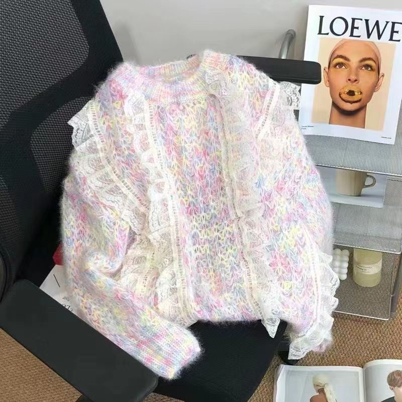 Áo Sweater Dệt Kim Dáng Rộng Phối Ren Thời Trang Mùa Thu Hàng Mới