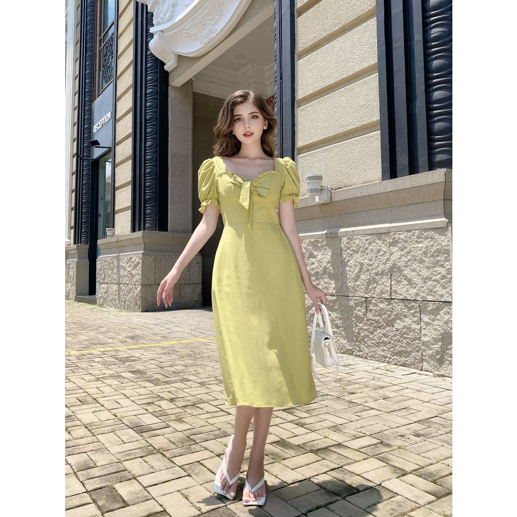 Đầm thiết kế ROSA - GRE form dài chữ A cột nơ nhún ngực gợi cảm nữ tính | 𝐉𝐔𝐋𝐈𝐄