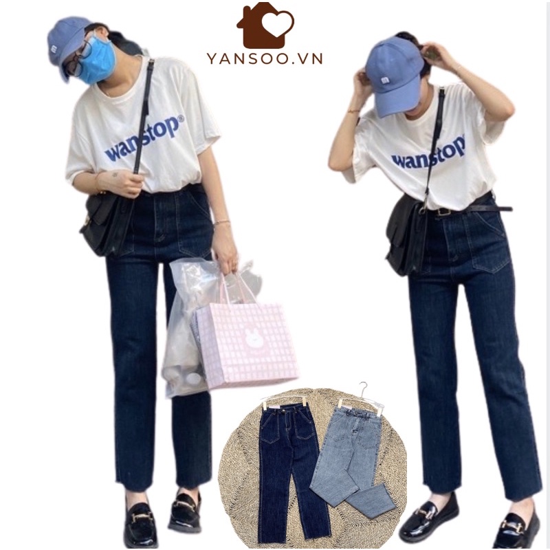 Quần jean nữ ống đứng  , quần bò ống rộng  , ống đứng cạp cao chất co giãn túi trước phong cách Hàn Quốc  YANSOO