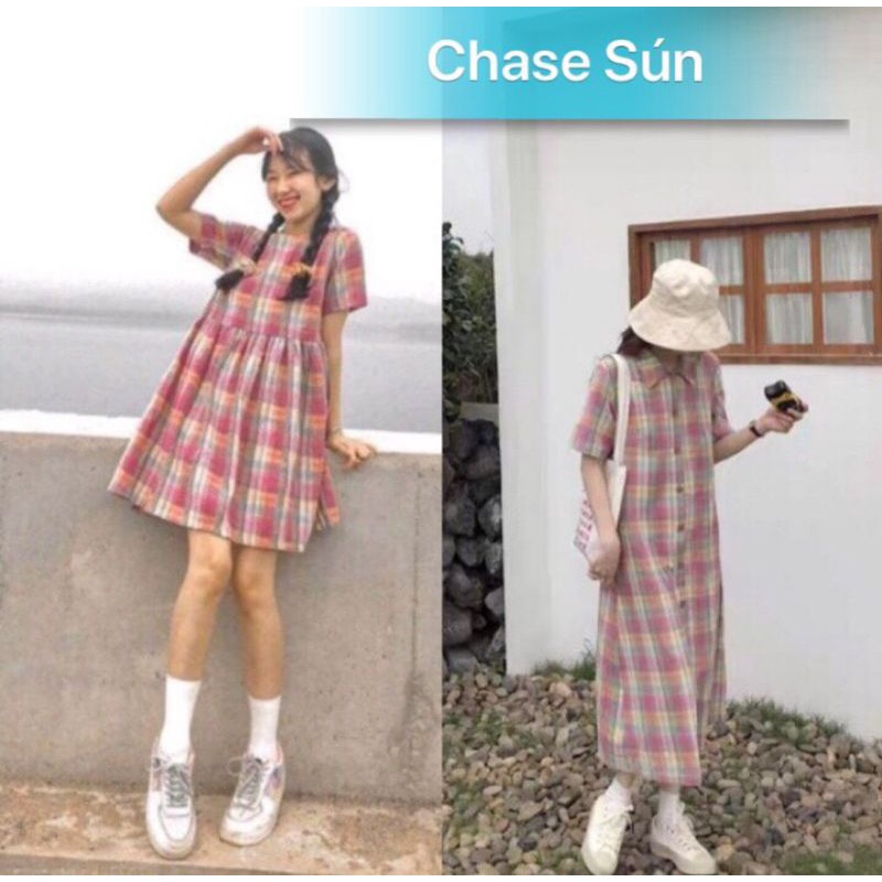 Hàng sẵn,video thật sp váy babydoll kẻ hồng dễ thương, mua 1 váy tặng thêm 1 váy bất kỳ của shop