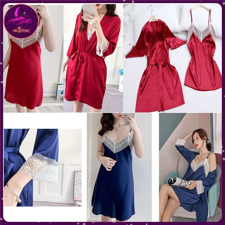 Bộ Đồ Ngủ Pijama Nữ Lụa Set 2 Chi Tiết (Set Váy Ngủ + Áo Choàng)