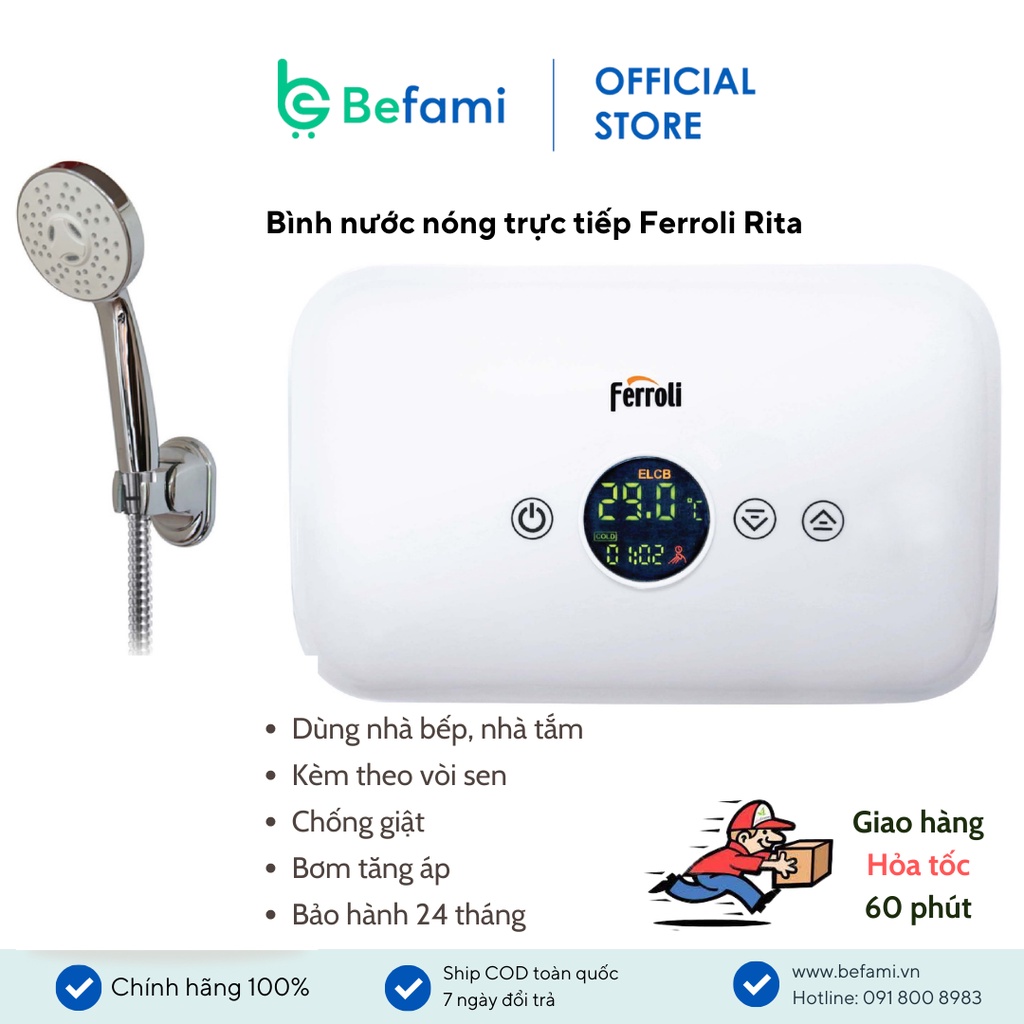 Bình nước nóng trực tiếp Ferroli Rita TE/DE lắp bồn rửa bát phòng bếp, nhà tắm, nhỏ gọn chống giật