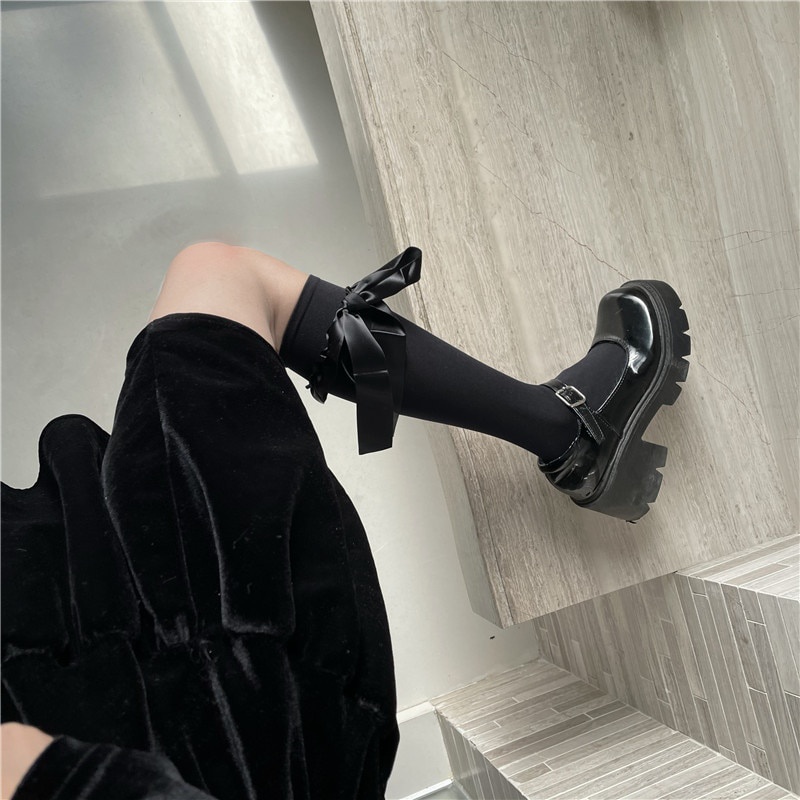 Harajuku Gothic Bow Calf Socks Female Lolita Japanese Velvet Tube Socks Breathable Kawaii Loli Sweet Thin Knee Socks Woman