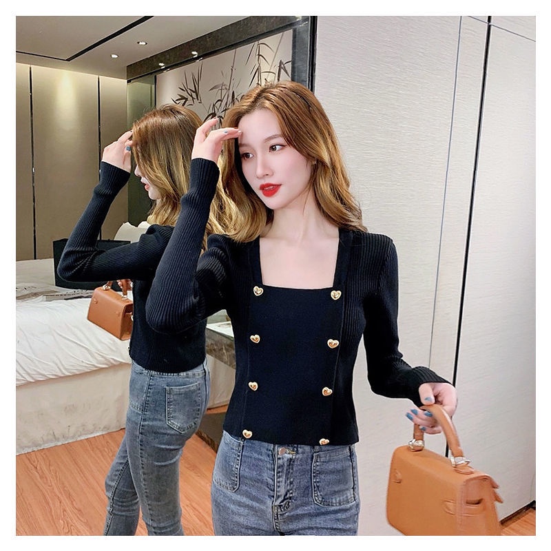 Áo sweater dệt kim cổ vuông phong cách phương Tây thời trang mùa thu cho n