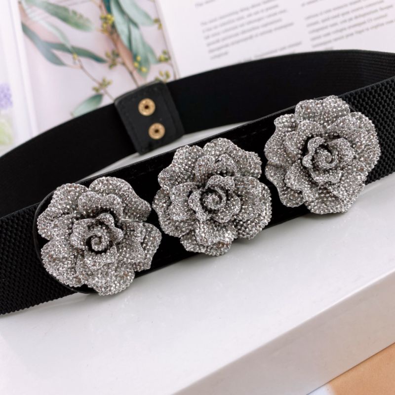 💐 Dây nịt thun nữ ( Đai Váy ) 3 bông hồng🌿 Nút cài phía sau 🌿 Bông tuyết sáng sang trọng 🌿 Bản 3,2cm