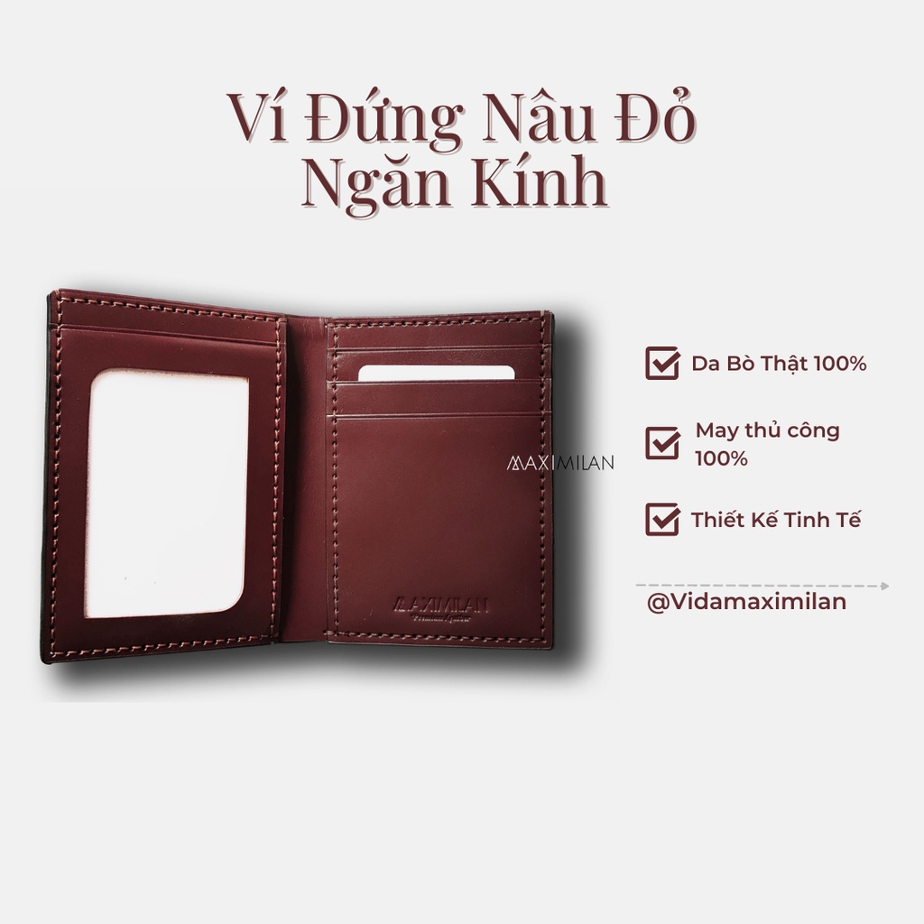 VÍ ĐỨNG DA BÒ THẬT 100% - NÂU ĐỎ ĐẬM - Giảm 20k khi Follow Shop