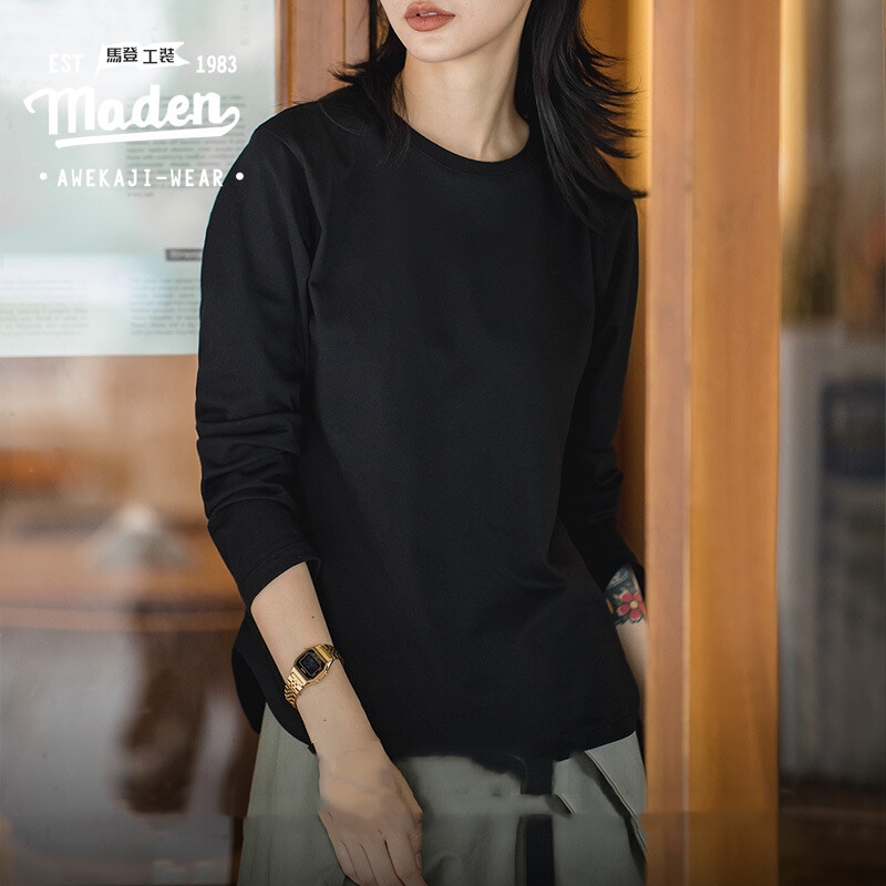 Áo thun MADEN cotton tay dài màu trơn phong cách retro Mỹ