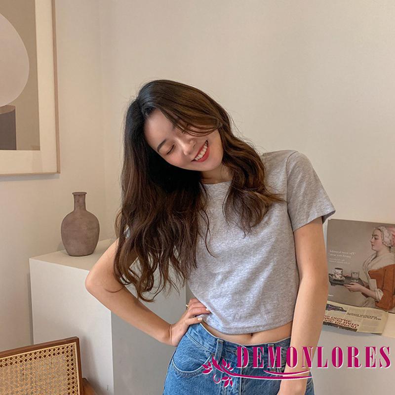 Áo Croptop Tay Ngắn Cổ Tròn Màu Trơn Thời Trang Cho Nữ